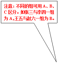 矩形标注: 注意：不同的组可用A、B、C区分。如张三与李四一组为A，王五与赵六一组为B。